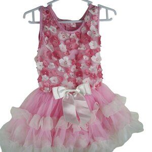 NWOT Popatu Infant Girls 12M Pink Floral Tulle Dress With White Bow